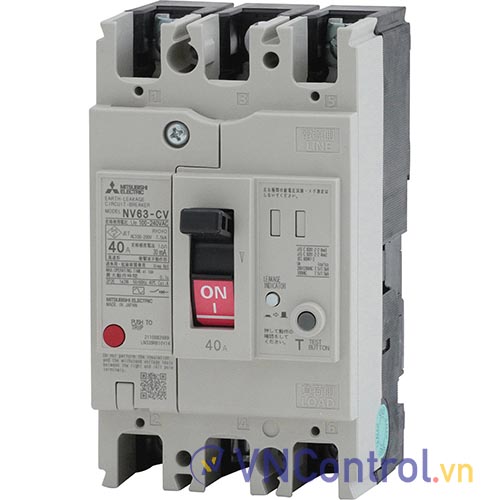 Aptomat khối chống giật 3 pha (ELCB) MITSUBISHI NV63-CV 3P 20A 5kA 1.2.500mA . 