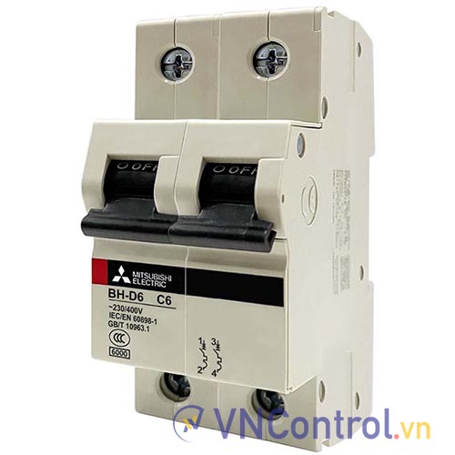 Aptomat cài MITSUBISHI BH-D6 2P 6A 6kA C N .