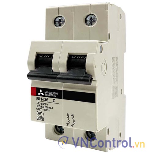 Aptomat cài MITSUBISHI BH-D6 2P 0.5A 6kA C N .